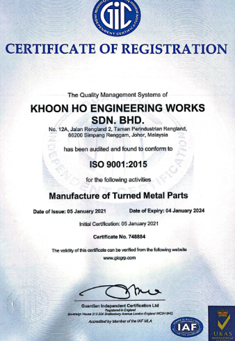 Khoon Ho Certifications ISO 9001:2015